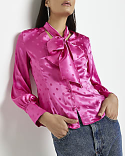 Pink spot satin pussybow blouse