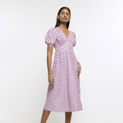 Pink spotted puff sleeve swing midi dress