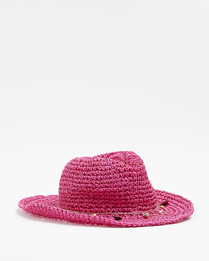 Pink straw beaded cowboy hat