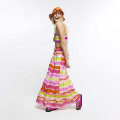 Pink stripe beach maxi skirt | River Island
