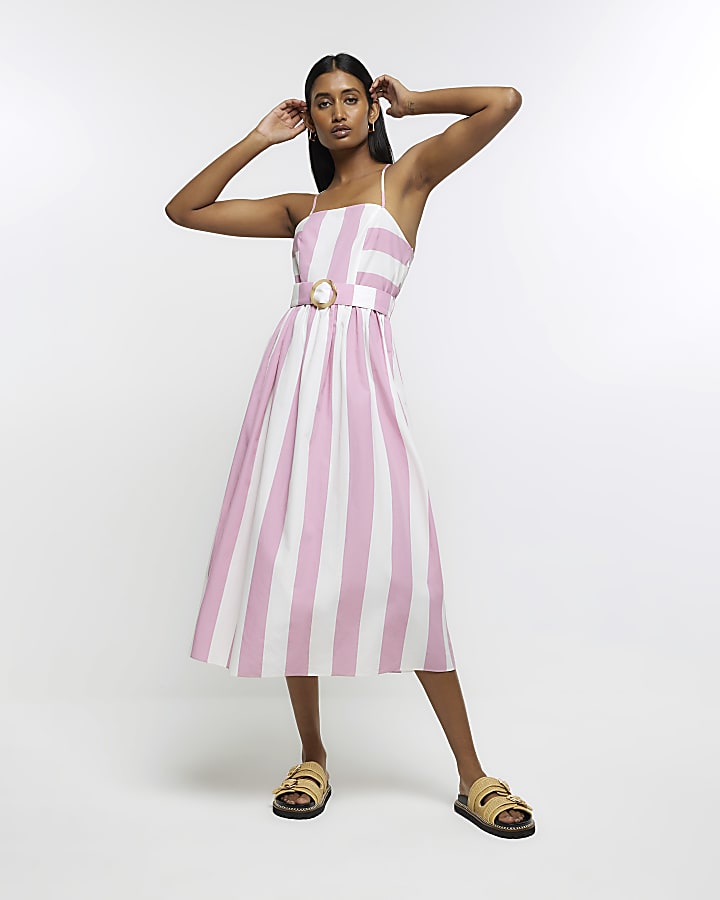 Pink stripe belted swing midi dress