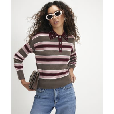 Pink Stripe Embellished Knit Polo Shirt
