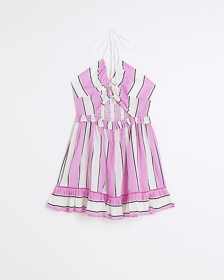 Pink Stripe Halter Neck Mini Dress