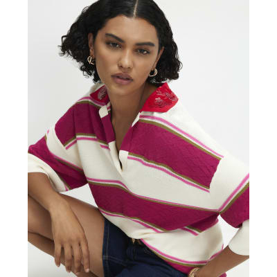 Stripe Knit Diamante Collar Polo Top