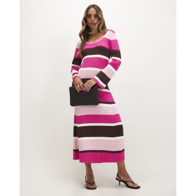 Stripe Knit Long Sleeve Midi Dress