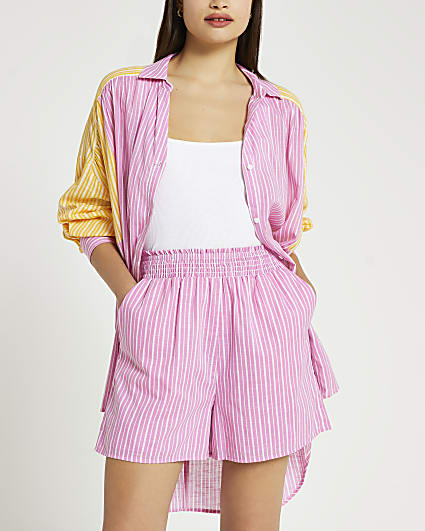 Pink stripe print mini shorts