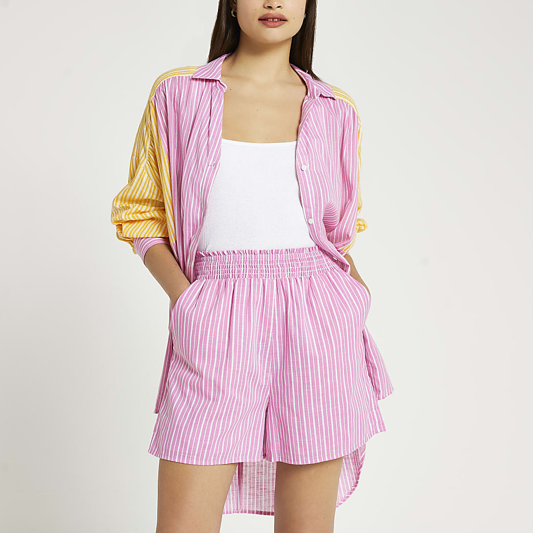 Pink stripe print mini shorts
