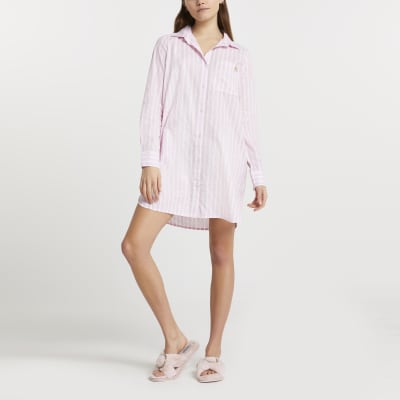 Pink stripe print oversized mini bed shirt River Island