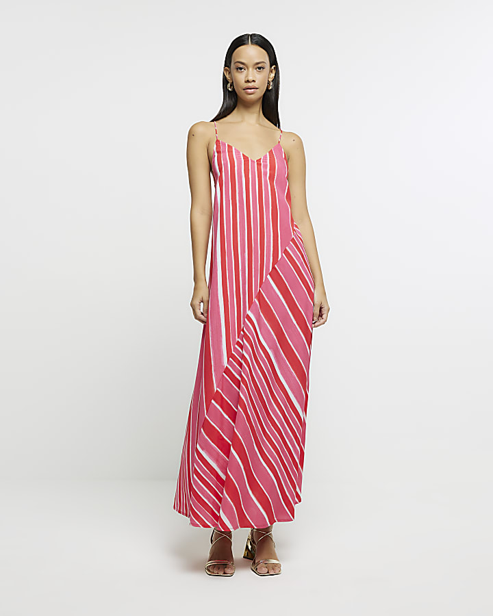 Pink stripe print slip maxi dress | River Island