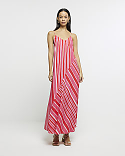 Pink stripe print slip maxi dress
