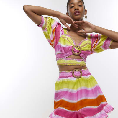 Pink stripe raffia shorts