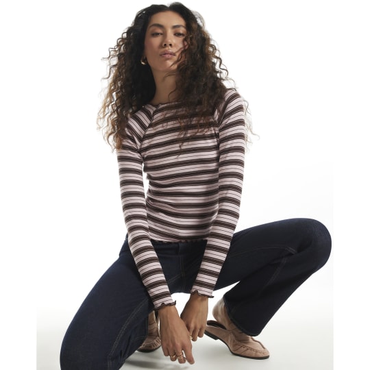River Island Pink Stripe Ribbed Lettuce Hem Top