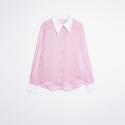 Pink stripe satin long sleeve shirt