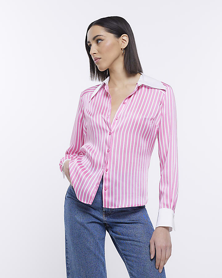 Pink stripe satin long sleeve shirt
