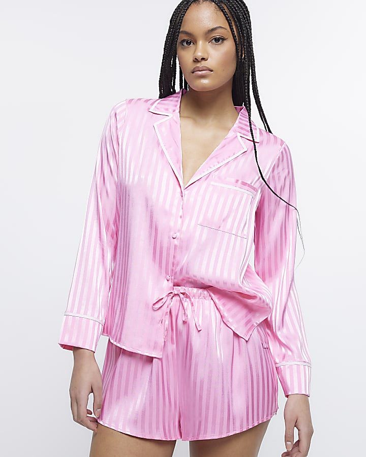 Pink stripe satin pyjama short set