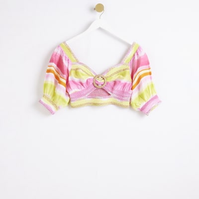 Pink stripe short sleeve crop top