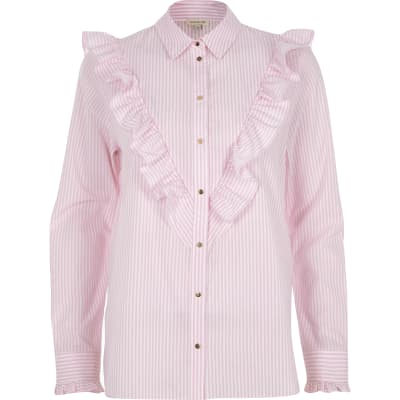 Pink stripe V frill oversized shirt