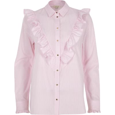 Pink stripe V frill oversized shirt