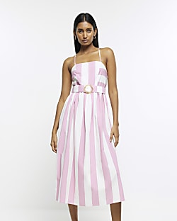 Pink striped belted swing midi dress
