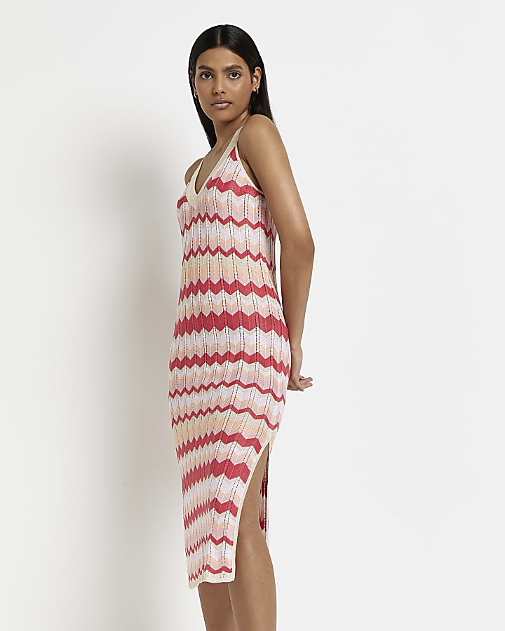 Pink striped knitted bodycon midi dress