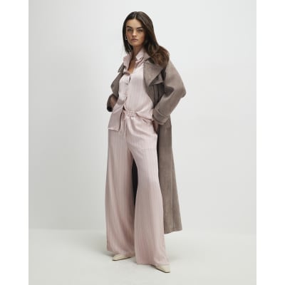 Pink Striped Satin Wide Leg Trousers