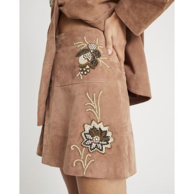 Pink Suede Embellished Mini Skirt