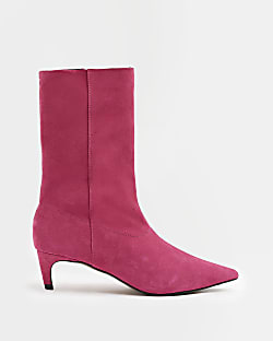 Pink suede heeled ankle boots