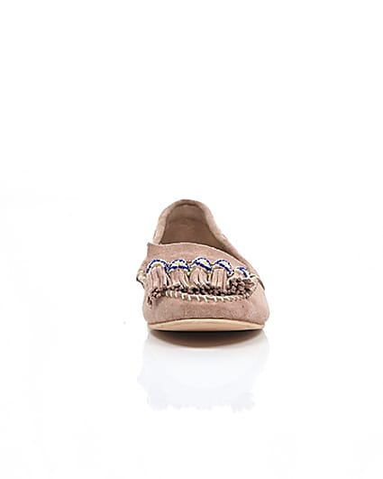 360 degree animation of product Pink suede seedbead tassel moccasins frame-3