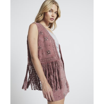 Pink suede studded fringe waistcoat | River Island