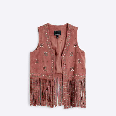 Pink suede studded fringe waistcoat | River Island