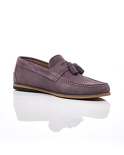 360 degree animation of product Pink suede tassel front loafers frame-7