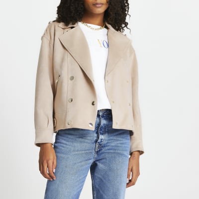 Pink suedette drop sleeve biker jacket