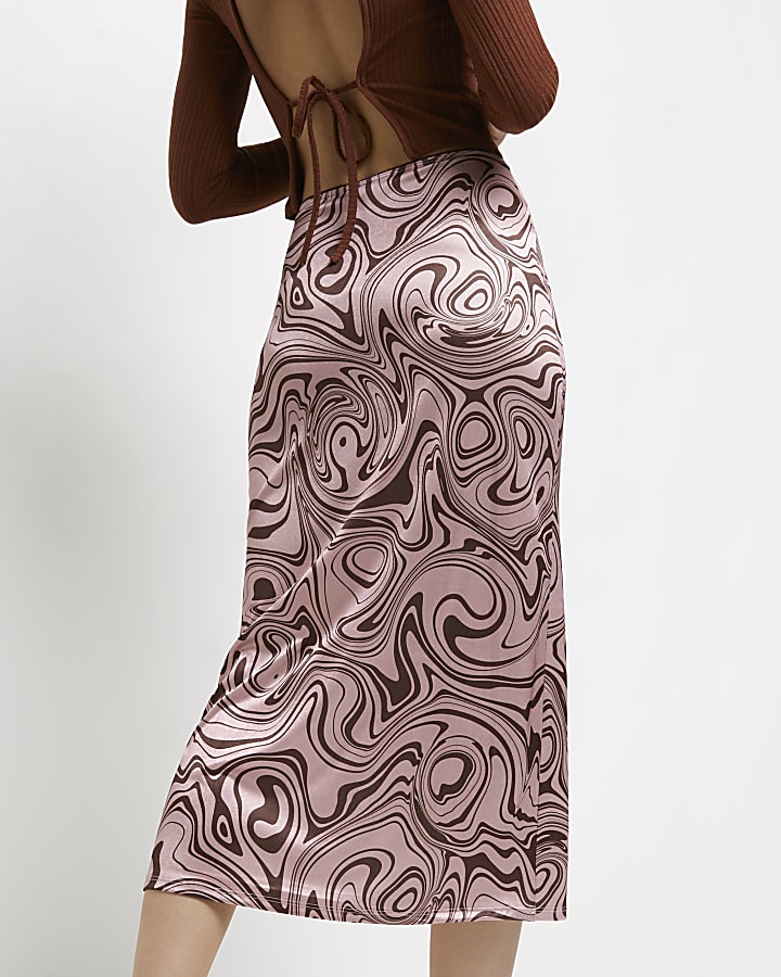 Pink swirl print satin midi skirt