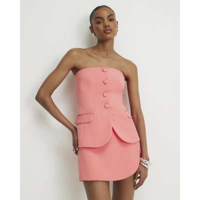 Pink Tailored Button Front Bandeau Top