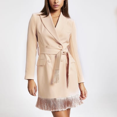 Pink tassel fringe blazer dress River Island