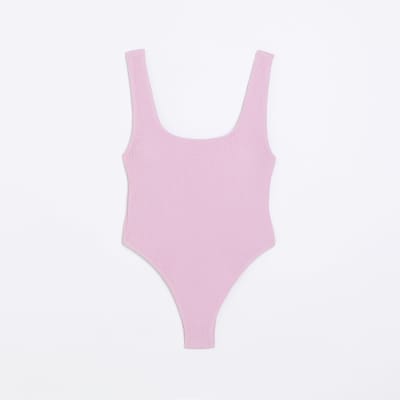 Pink textured scoop neckline swimsuit River Island