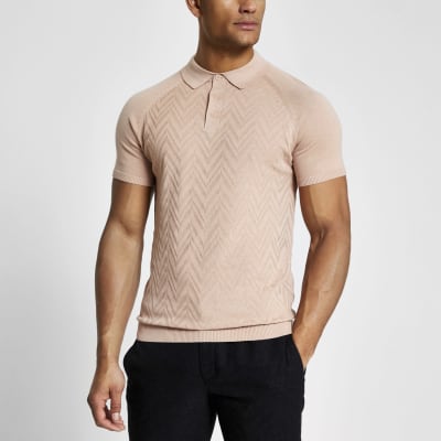 Pink textured slim fit knitted polo shirt River Island