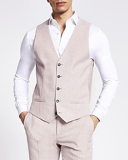 Pink textured slim fit suit waistcoat