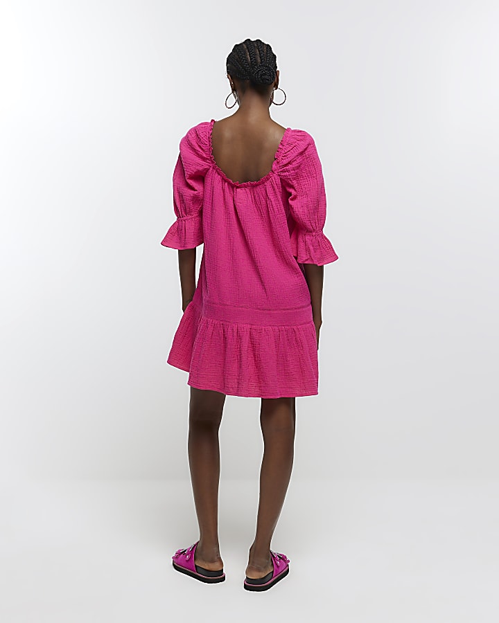 Pink textured smock mini dress | River Island