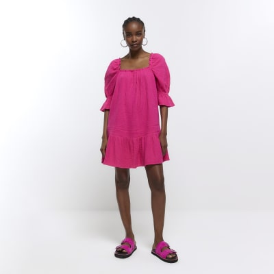 Pink textured smock mini dress | River Island