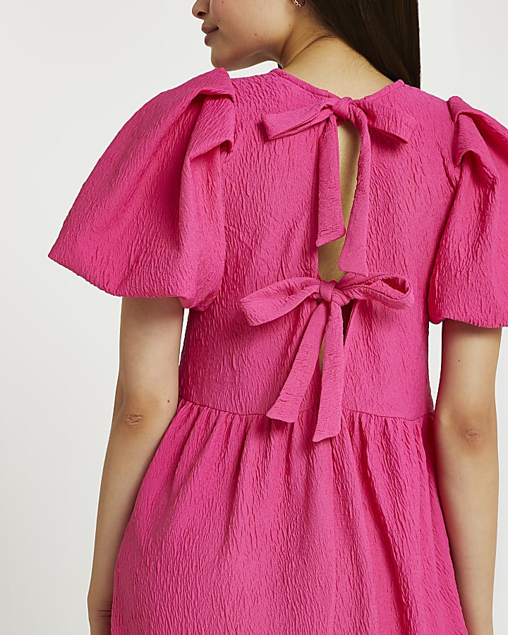 Pink textured tie back midi dress