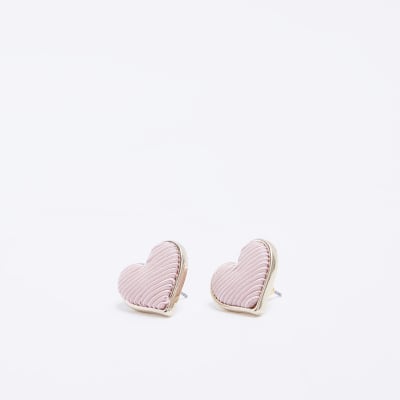Pink thread heart stud earrings