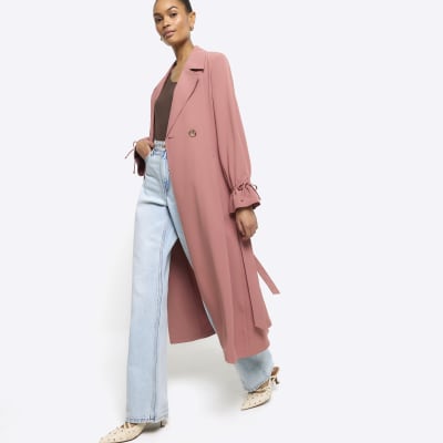 Pink tie cuff belted duster coat River Island