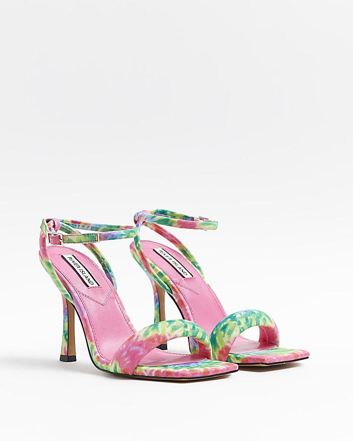 Pink tie dye padded heeled sandals