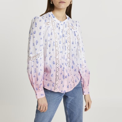 Pink tie dye trim long sleeve blouse top