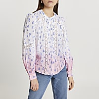 Pink tie dye trim long sleeve blouse top