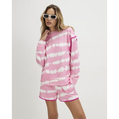Pink Tie Dye Whipstitch Trim Sweatshirt