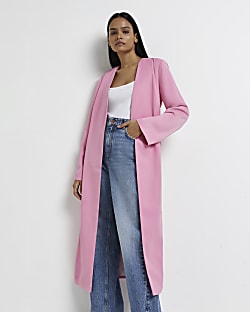 Pink tie waist longline duster coat