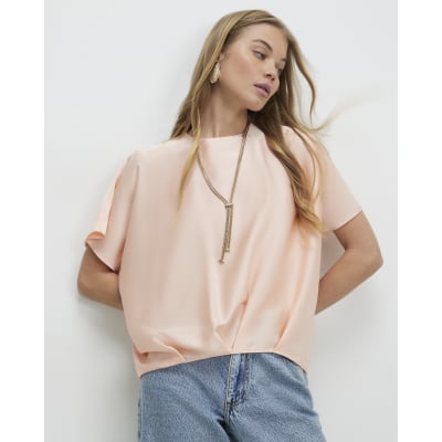 Pink Tuck Hem Satin T-Shirt