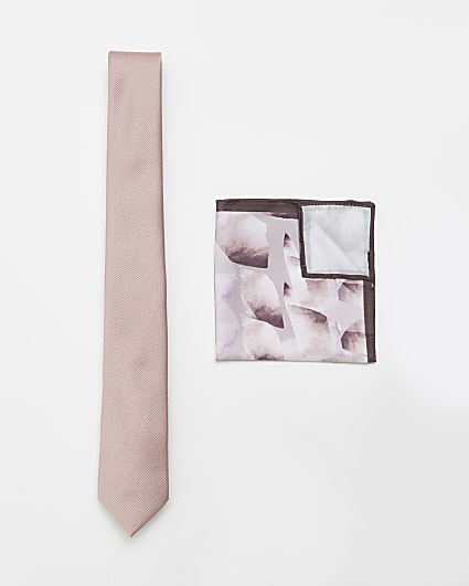 Pink twill tie and floral handkerchief set